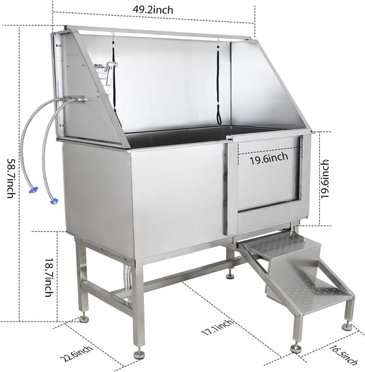 50" Dog Wash Bathtub, Pet Wash Station, Professional Stainless Steel Dog Grooming Tub with Ramp, Faucet, Sprayer, Drain Kit, Right Door