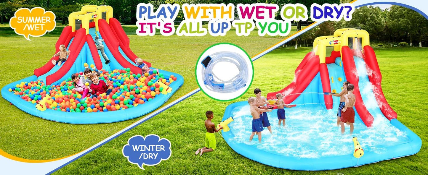 Inflatable Water Slides for Kids 8-in-1 Bounce House Water Park with 450W Blower Climbing Wall, Splash Pool, 2 Water Cannons, Basketball Hoop, Water Slide, Crocodile Sprinkler for Gift Backyard Party