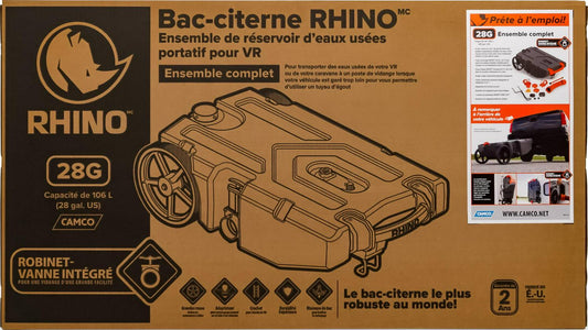 Camco Rhino Heavy Duty 28 Gallon Portable RV Waste Holding Tank with Hose and Accessories Durable Leak Free and Odorless RV Tote Tank (39004)