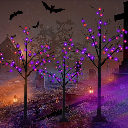 Set of 3 Glowing Black Halloween Trees with 96 LED Lights