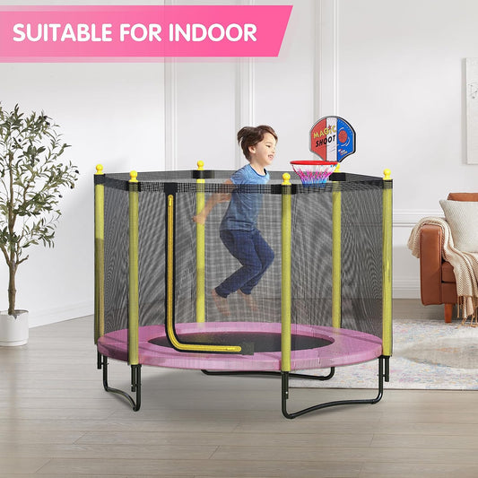 60" Kids Trampoline with Safety Enclosure Net, 5FT Toddler Indoor & Outdoor Trampoline/w Basketball Hoop - Parent-Child Interactive Game Fitness Trampoline Toy Gift for Boys and Girls Age 1-8