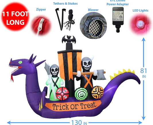 11ft Long Halloween Inflatable Dragon Pirate Ship Skeleton Scene