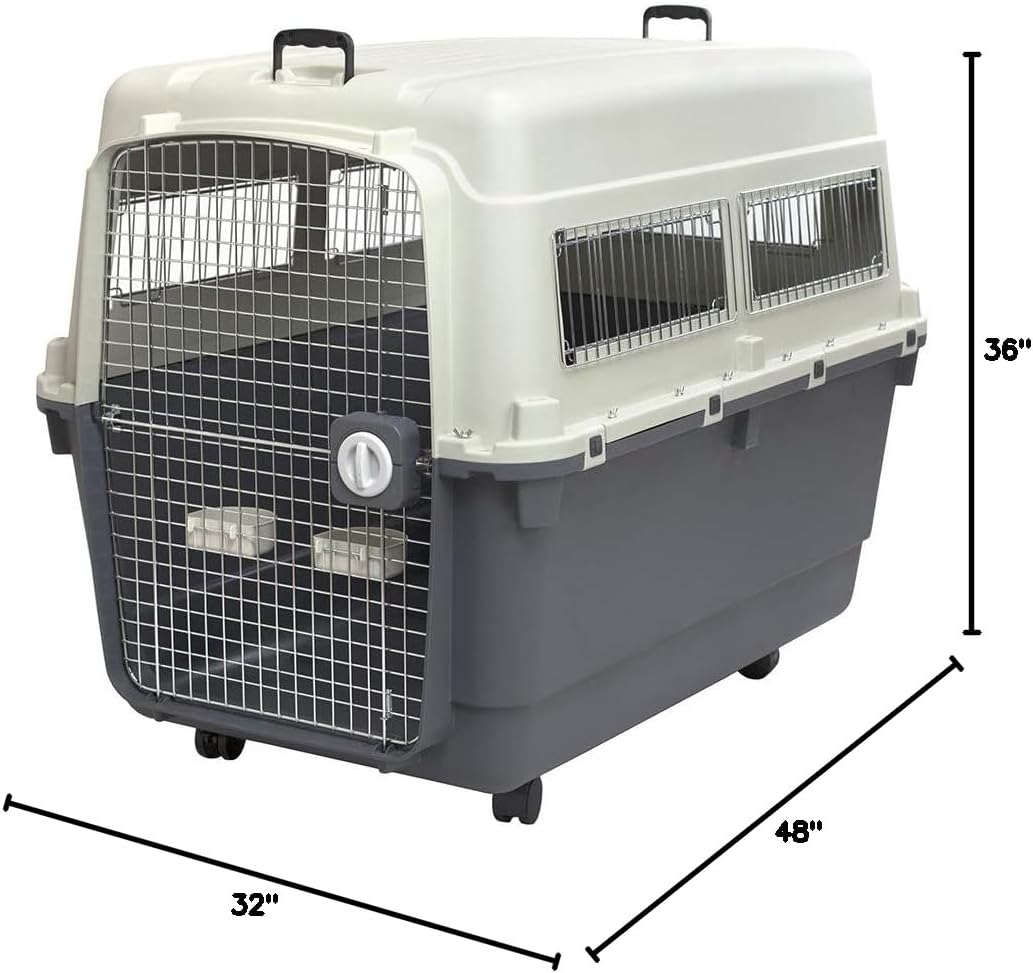 SportPet Designs Plastic Kennels Rolling Plastic Airline Approved Wire Door Travel Dog Crate, XXX-Large, Gray