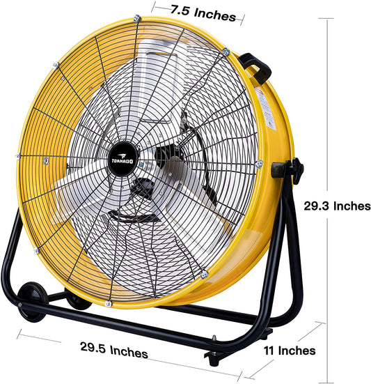Tornado 24 Inch Grade UL Listed High Velocity Movement Heavy Duty Drum 3 Speed Air Circulator Fan 7800 CFM-Industrial, Commercial, Residential, and Greenhouse Use, Yellow