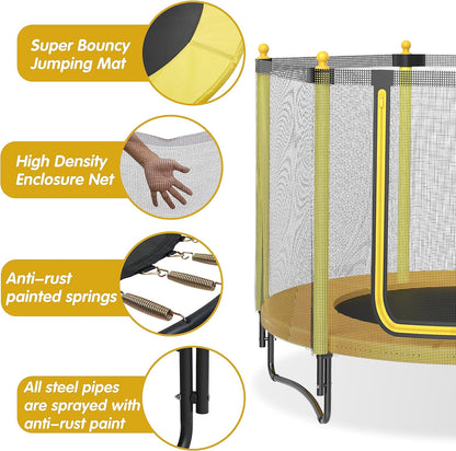 60" Kids Trampoline with Safety Enclosure Net, 5FT Toddler Indoor & Outdoor Trampoline/w Basketball Hoop - Parent-Child Interactive Game Fitness Trampoline Toy Gift for Boys and Girls Age 1-8