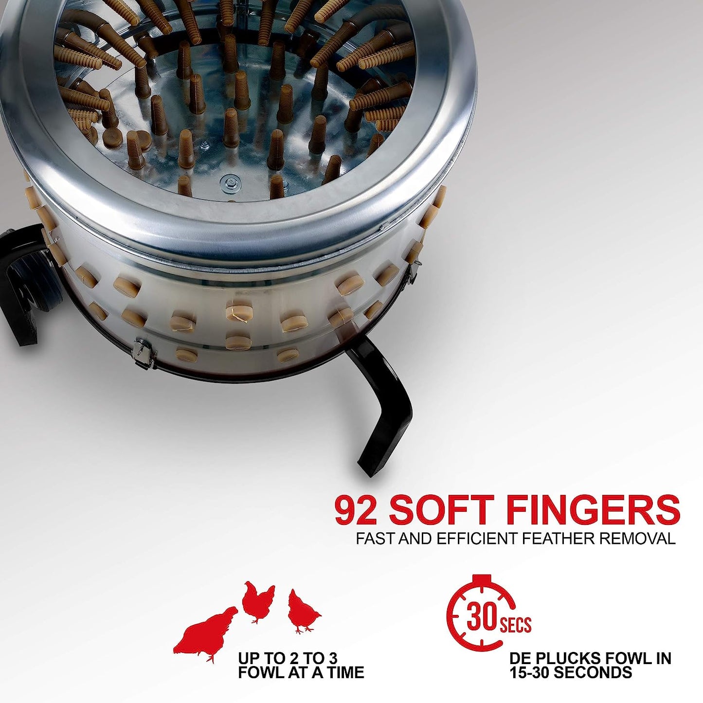 Kitchener Chicken Plucker De-Feather Remover Poultry and Fowl Food Processor Electric Stainless Steel Heavy Duty 1HP 120VAC 280RPM GFCI Connector 92 Soft Fingers 20" Drum Diameter