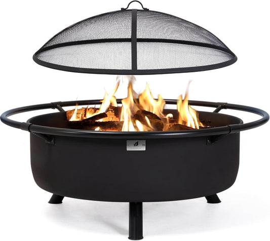 SUNCREAT 42” Patio Fire Pit Wood Burning with Mesh Spark Screen, Bonfire Outdoor firepit with Fireplace Poker, Black