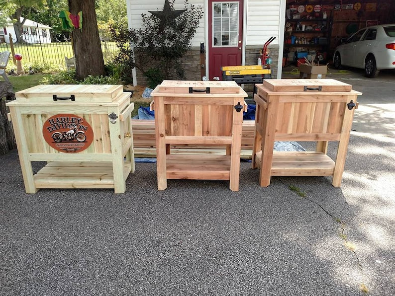 All Weather 48 Quart Antiqued Cedar Cooler Stand with Brass Drain, Bottle Opener and Cap Catcher, Beer Cooler.