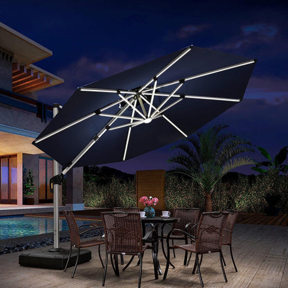 12ft Solar LED Patio Umbrella Outdoor Round Umbrella Large Cantilever Umbrella with LED Lights Windproof Bias Umbrella Heavy Duty Parasol for Garden Deck Pool Patio