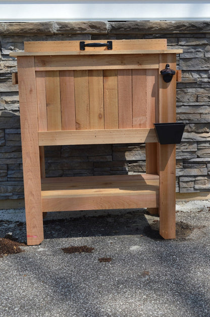 All Weather 48 Quart Antiqued Cedar Cooler Stand with Brass Drain, Bottle Opener and Cap Catcher, Beer Cooler.