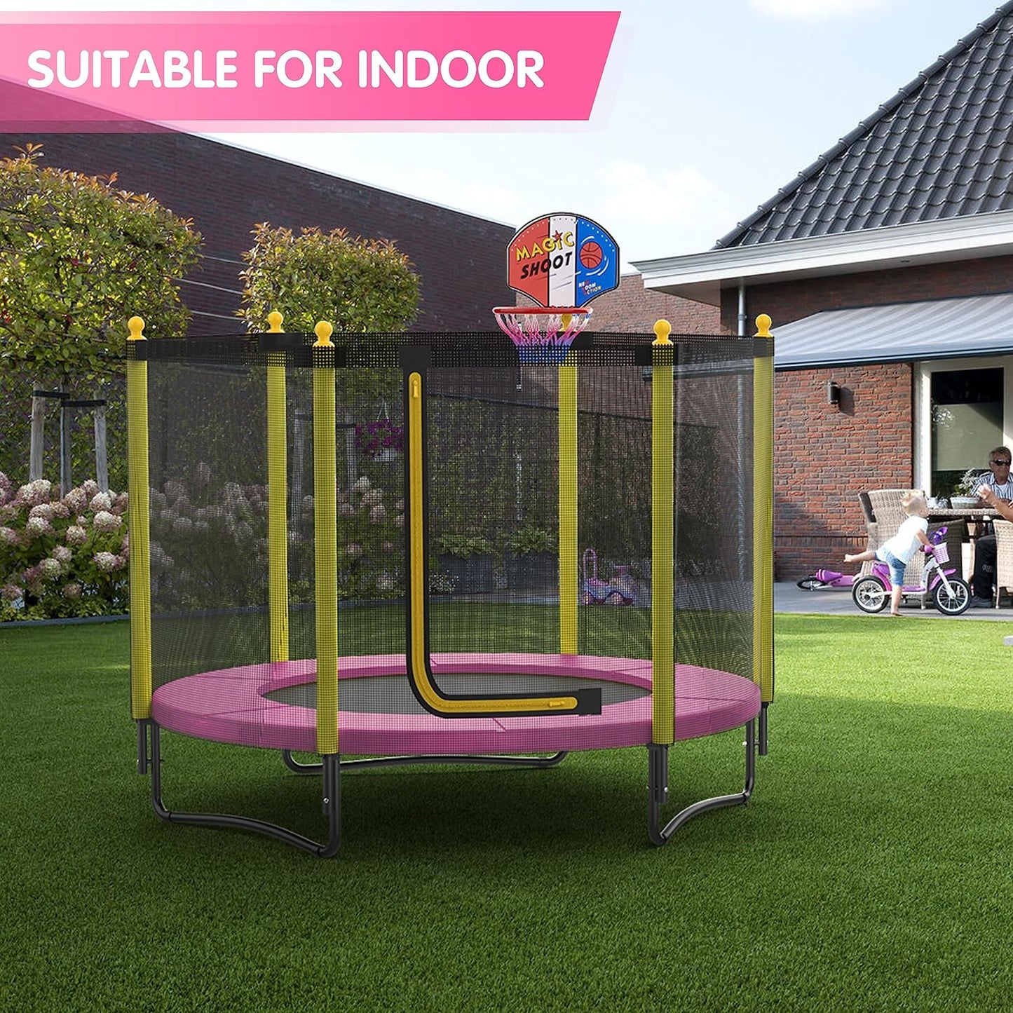 60" Kids Trampoline with Safety Enclosure Net, 5FT Toddler Indoor & Outdoor Trampoline/w Basketball Hoop - Parent-Child Interactive Game Fitness Trampoline Toy Gift for Boys and Girls Age 1-8