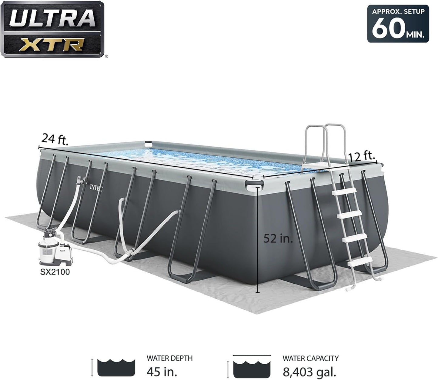 Rectangular Frame Above Ground Outdoor Swimming Pool Set with 1200 GPH Sand Filter Pump, Pool Cover and Ladder
