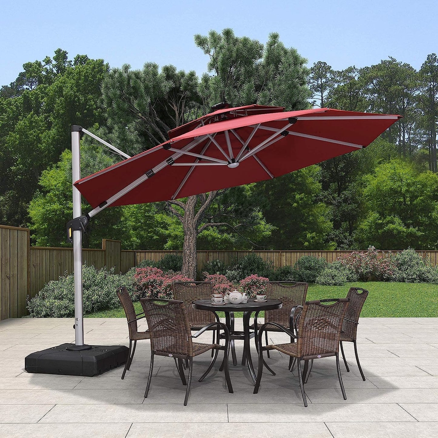 12ft Solar LED Patio Umbrella Outdoor Round Umbrella Large Cantilever Umbrella with LED Lights Windproof Bias Umbrella Heavy Duty Parasol for Garden Deck Pool Patio
