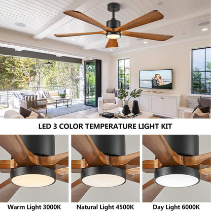 Ceiling Fans with Lights, 60 inch Outdoor Ceiling Fans with Lights for Patio and Remote Control, Modern Ceiling Fan with Light, 5 Solid Wood Blades 6-Speed Reversible DC Motor (Dark Brown)