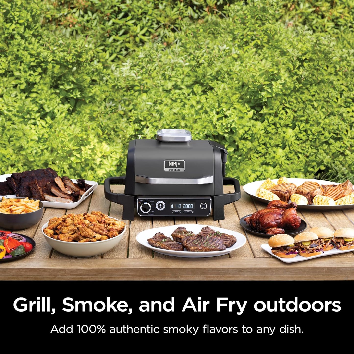 7-in-1 Grill & Smoker with Thermometer, Air Fryer, BBQ, Bake, Roast, Broil - Portable Electric Outdoor Grill, Grey