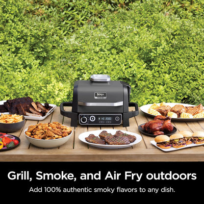 7-in-1 Grill & Smoker with Thermometer, Air Fryer, BBQ, Bake, Roast, Broil - Portable Electric Outdoor Grill, Grey