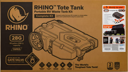 Camco Rhino Heavy Duty 28 Gallon Portable RV Waste Holding Tank with Hose and Accessories Durable Leak Free and Odorless RV Tote Tank (39004)