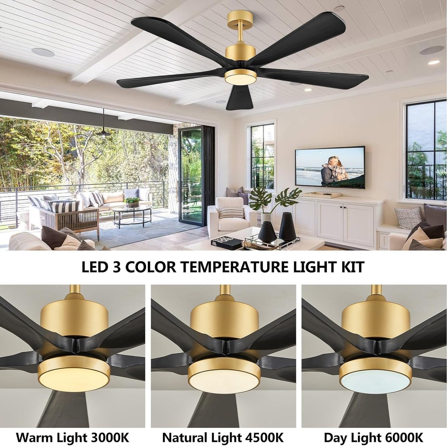 Ceiling Fans with Lights, 60 inch Outdoor Ceiling Fans with Lights for Patio and Remote Control, Modern Ceiling Fan with Light, 5 Solid Wood Blades 6-Speed Reversible DC Motor (Dark Brown)