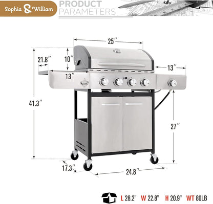 Burner Gas grill with side burner and enameled cast iron grille 42,000BTU outdoor cooking stainless steel propane grill Garden grill, silver