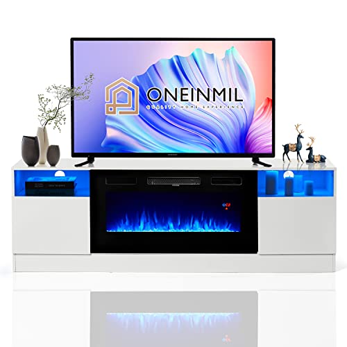Oneinmil Fireplace TV Stand with 36" Electric Fireplace, LED Light Entertainment Center, Modern Wood, White