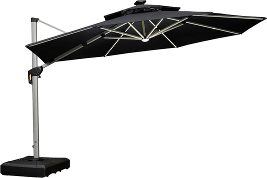 12ft Solar LED Patio Umbrella Outdoor Round Umbrella Large Cantilever Umbrella with LED Lights Windproof Bias Umbrella Heavy Duty Parasol for Garden Deck Pool Patio