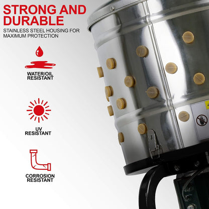 Kitchener Chicken Plucker De-Feather Remover Poultry and Fowl Food Processor Electric Stainless Steel Heavy Duty 1HP 120VAC 280RPM GFCI Connector 92 Soft Fingers 20" Drum Diameter