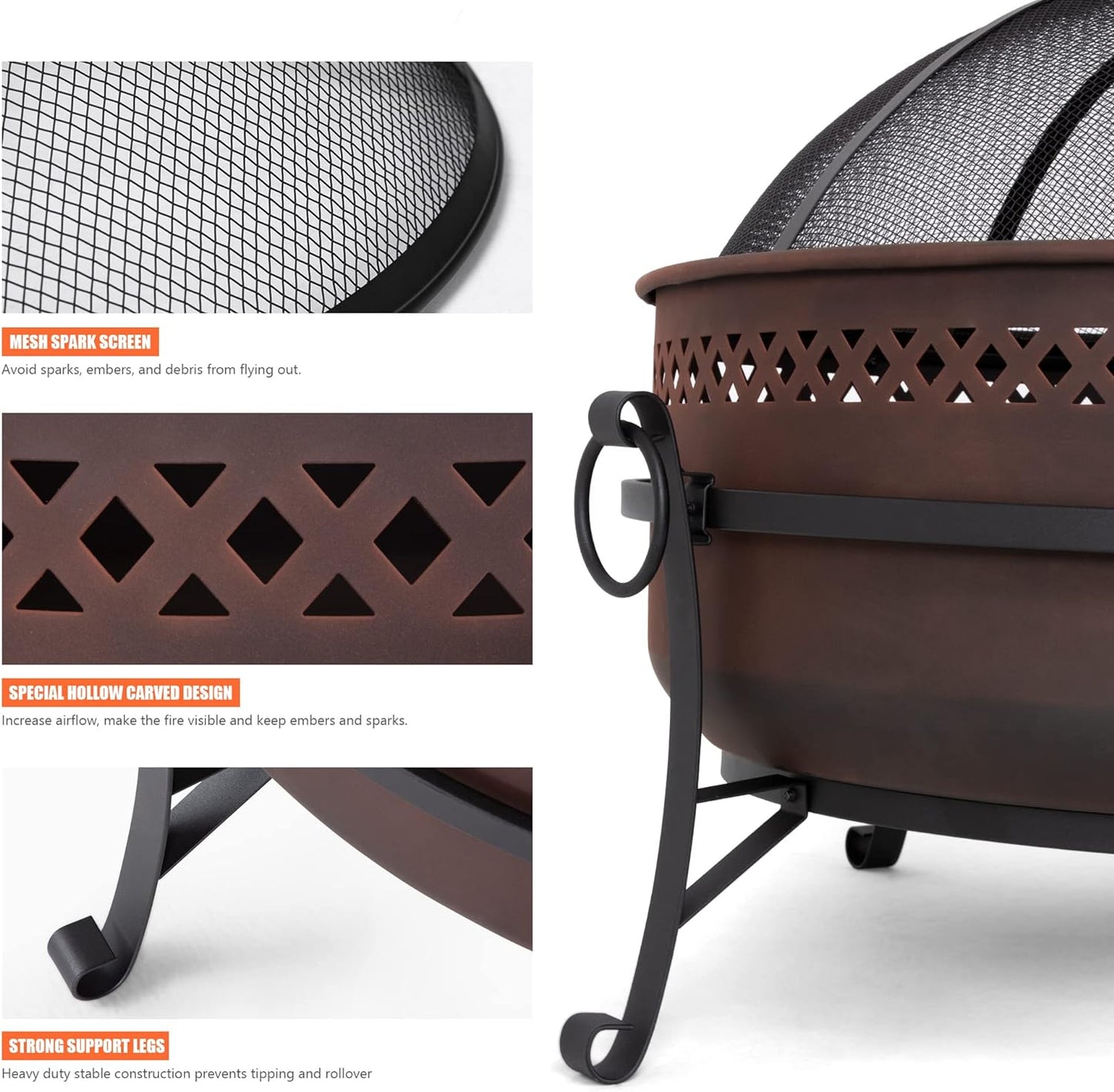 SUNCREAT 42” Patio Fire Pit Wood Burning with Mesh Spark Screen, Bonfire Outdoor firepit with Fireplace Poker, Black