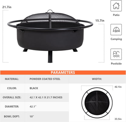 SUNCREAT 42” Patio Fire Pit Wood Burning with Mesh Spark Screen, Bonfire Outdoor firepit with Fireplace Poker, Black