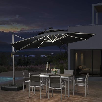 12ft Solar LED Patio Umbrella Outdoor Round Umbrella Large Cantilever Umbrella with LED Lights Windproof Bias Umbrella Heavy Duty Parasol for Garden Deck Pool Patio