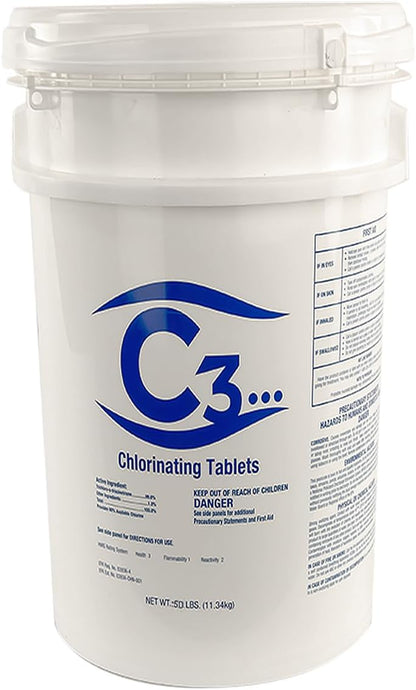 C3... 3" Stabilized Chlorine Tablets for Swimming Pools and Spas | Individually Wrapped | Slow Dissolving Tabs | 50 Pounds