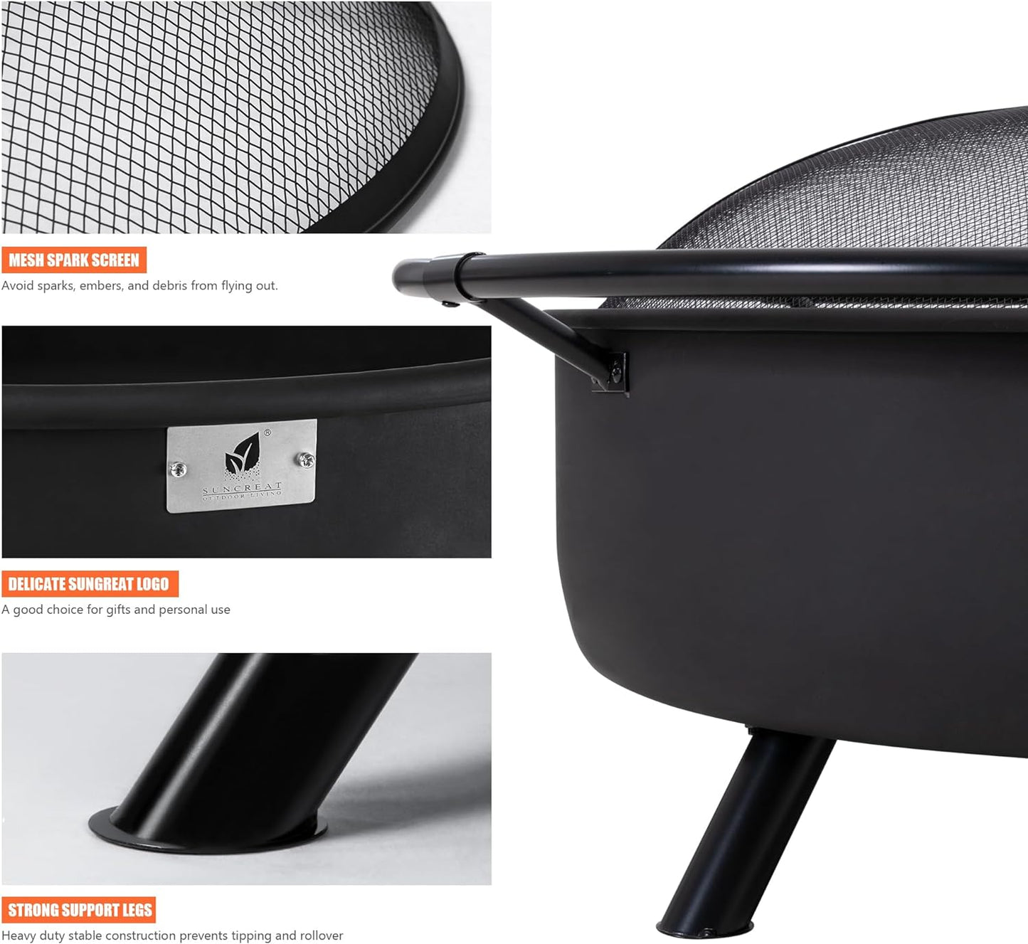 SUNCREAT 42” Patio Fire Pit Wood Burning with Mesh Spark Screen, Bonfire Outdoor firepit with Fireplace Poker, Black