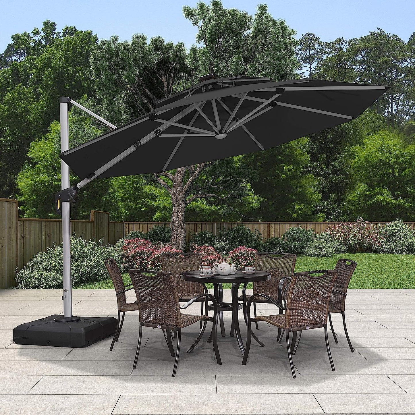 12ft Solar LED Patio Umbrella Outdoor Round Umbrella Large Cantilever Umbrella with LED Lights Windproof Bias Umbrella Heavy Duty Parasol for Garden Deck Pool Patio