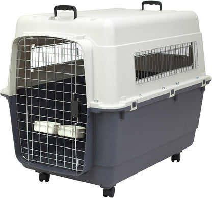 SportPet Designs Plastic Kennels Rolling Plastic Airline Approved Wire Door Travel Dog Crate, XXX-Large, Gray