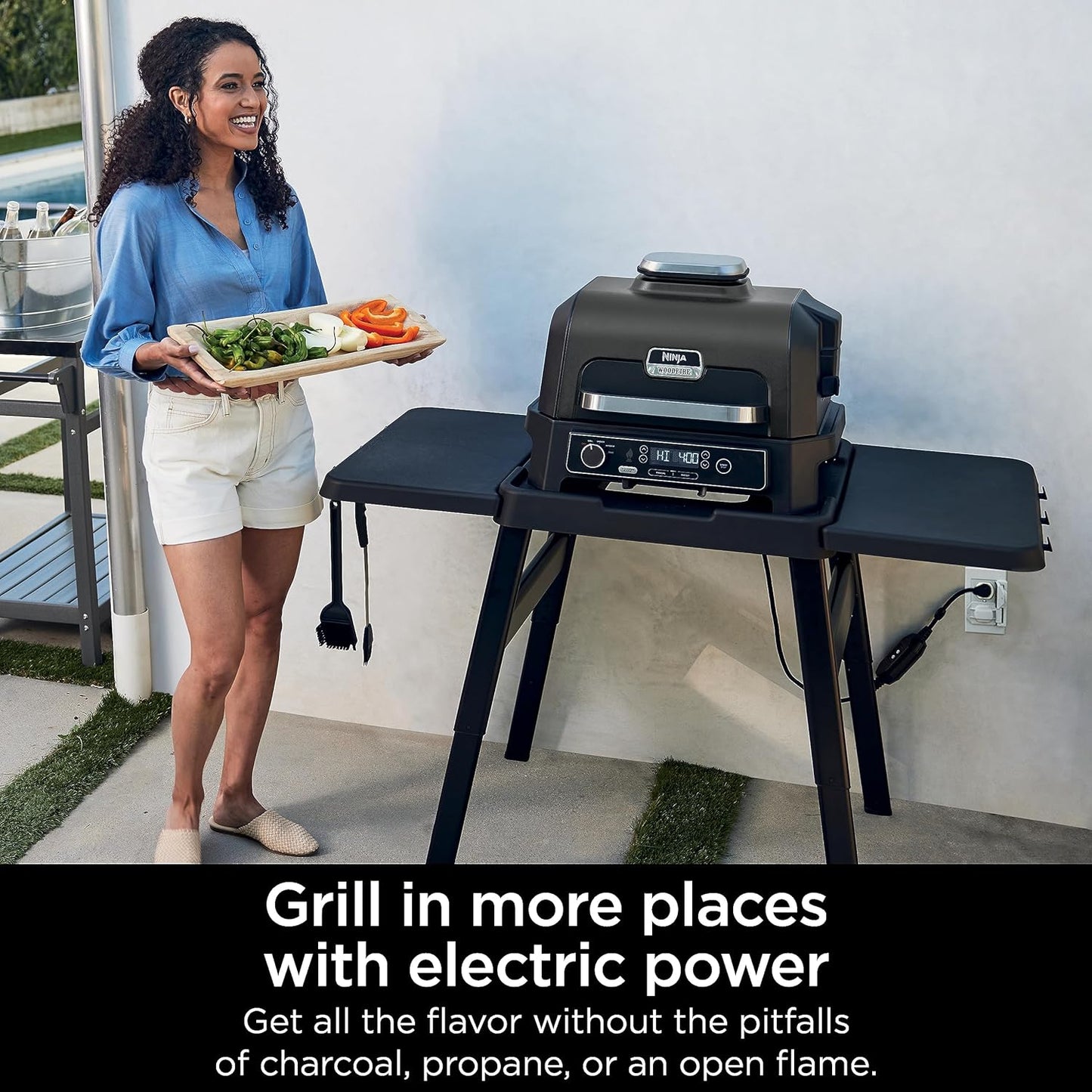 7-in-1 Grill & Smoker with Thermometer, Air Fryer, BBQ, Bake, Roast, Broil - Portable Electric Outdoor Grill, Grey