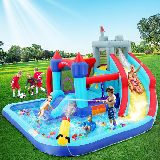 Inflatable Water Slides for Kids 8-in-1 Bounce House Water Park with 450W Blower Climbing Wall, Splash Pool, 2 Water Cannons, Basketball Hoop, Water Slide, Crocodile Sprinkler for Gift Backyard Party