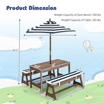 Wooden Kids Picnic Table Bench Set Children Outdoor Activity Table with Cushions & Height Adjustable Umbrella