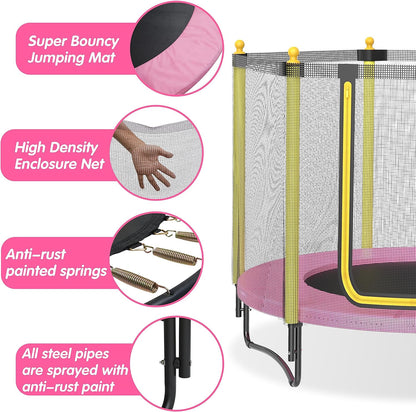 60" Kids Trampoline with Safety Enclosure Net, 5FT Toddler Indoor & Outdoor Trampoline/w Basketball Hoop - Parent-Child Interactive Game Fitness Trampoline Toy Gift for Boys and Girls Age 1-8