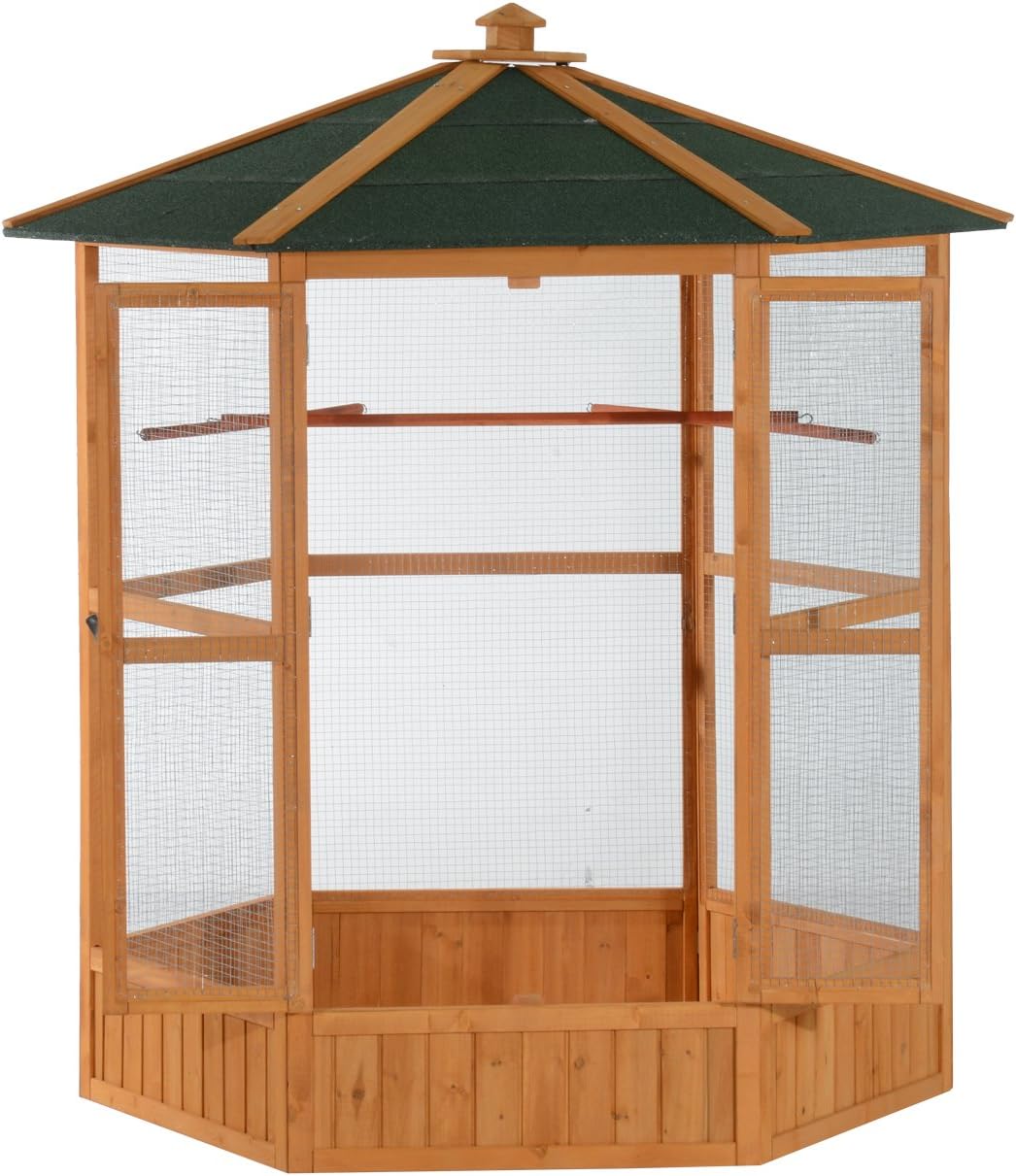 Large Wooden Hexagonal Outdoor Aviary Flight Bird Cage with Covered Roof