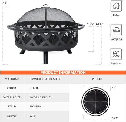 SUNCREAT 42” Patio Fire Pit Wood Burning with Mesh Spark Screen, Bonfire Outdoor firepit with Fireplace Poker, Black