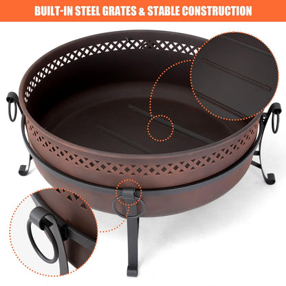 SUNCREAT 42” Patio Fire Pit Wood Burning with Mesh Spark Screen, Bonfire Outdoor firepit with Fireplace Poker, Black