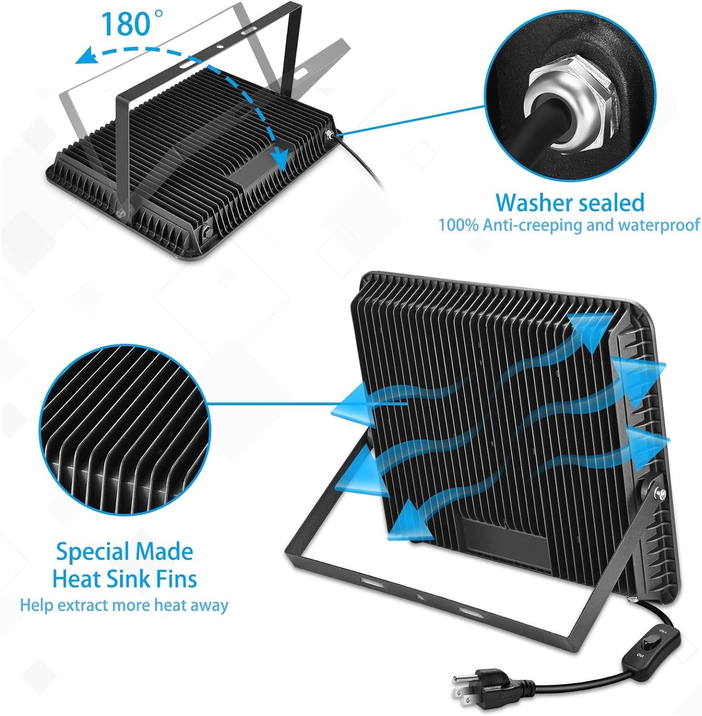 3 Pack 200W LED Flood Light,Super Bright Exterior Security Lights With Plug,IP66 Waterproof Outdoor Flood Light, 22800lm 5000K Daylight White Floodlight for Yard, Garden,Basketball Court, Arena