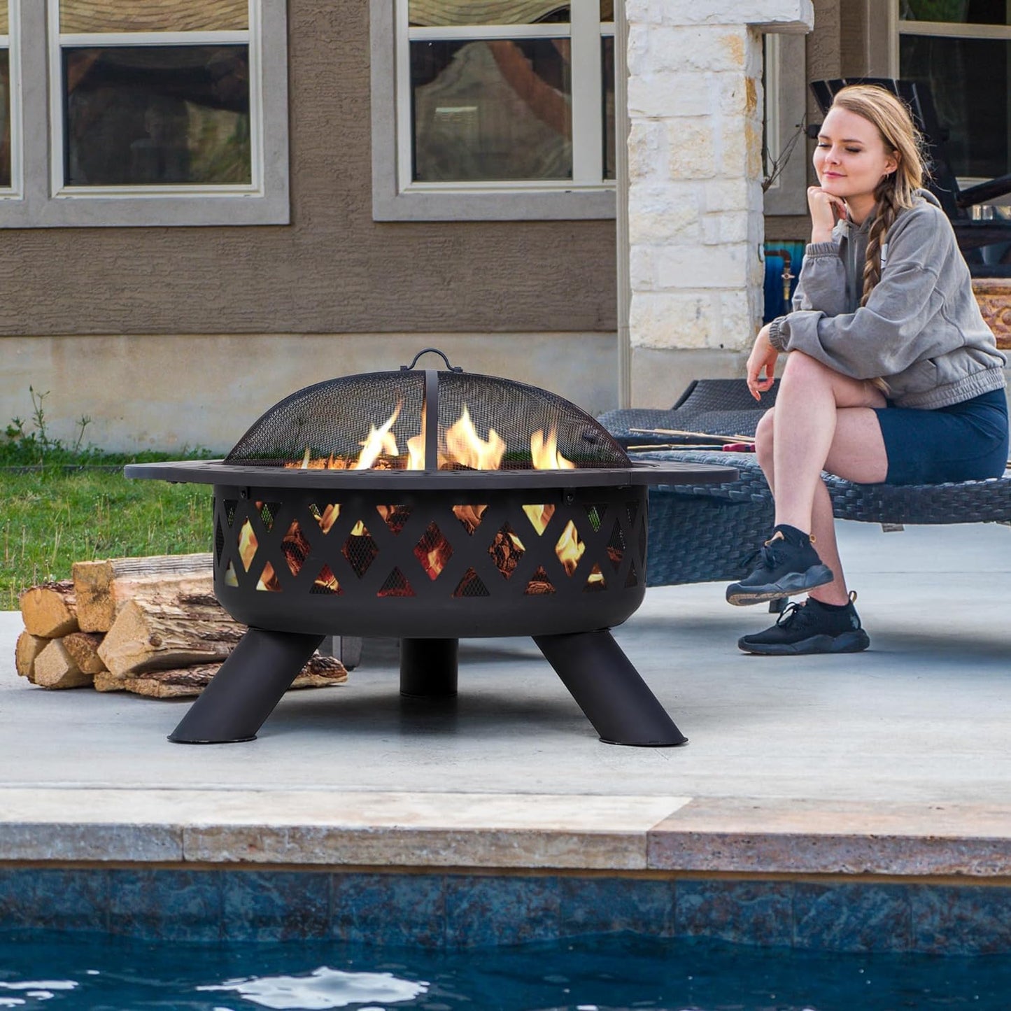 SUNCREAT 42” Patio Fire Pit Wood Burning with Mesh Spark Screen, Bonfire Outdoor firepit with Fireplace Poker, Black