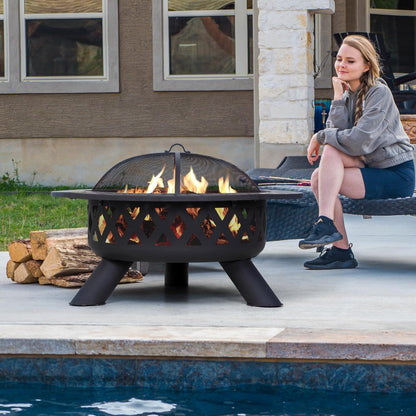 SUNCREAT 42” Patio Fire Pit Wood Burning with Mesh Spark Screen, Bonfire Outdoor firepit with Fireplace Poker, Black