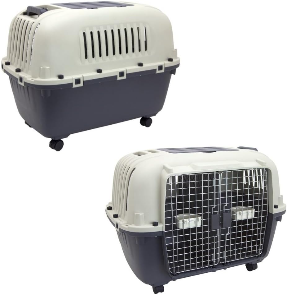 SportPet Designs Plastic Kennels Rolling Plastic Airline Approved Wire Door Travel Dog Crate, XXX-Large, Gray
