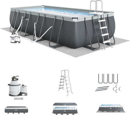 Rectangular Frame Above Ground Outdoor Swimming Pool Set with 1200 GPH Sand Filter Pump, Pool Cover and Ladder