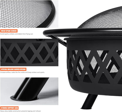 SUNCREAT 42” Patio Fire Pit Wood Burning with Mesh Spark Screen, Bonfire Outdoor firepit with Fireplace Poker, Black