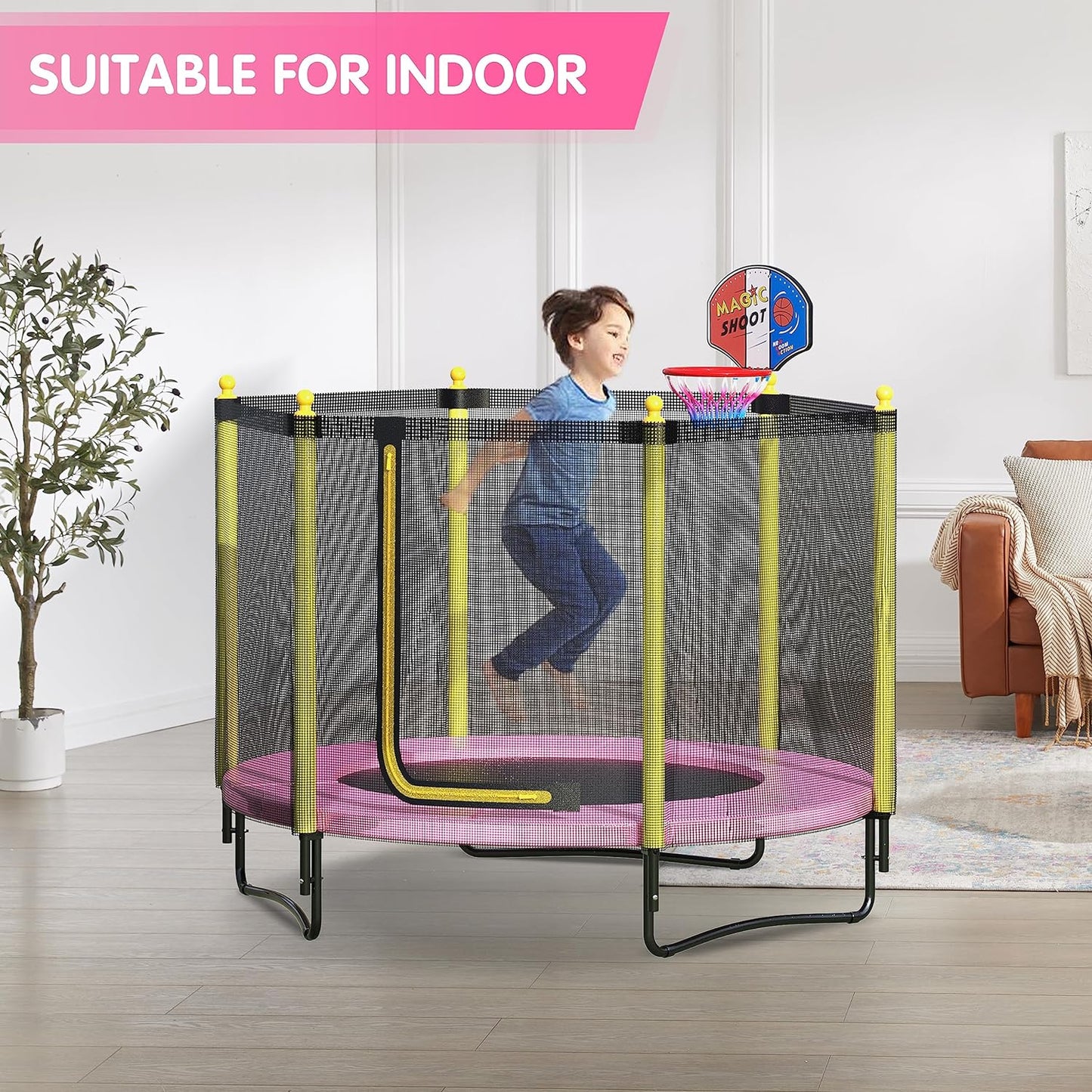 60" Kids Trampoline with Safety Enclosure Net, 5FT Toddler Indoor & Outdoor Trampoline/w Basketball Hoop - Parent-Child Interactive Game Fitness Trampoline Toy Gift for Boys and Girls Age 1-8