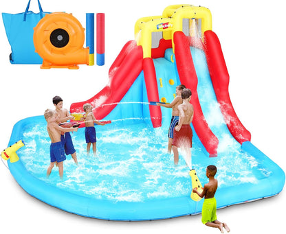 Inflatable Water Slides for Kids 8-in-1 Bounce House Water Park with 450W Blower Climbing Wall, Splash Pool, 2 Water Cannons, Basketball Hoop, Water Slide, Crocodile Sprinkler for Gift Backyard Party