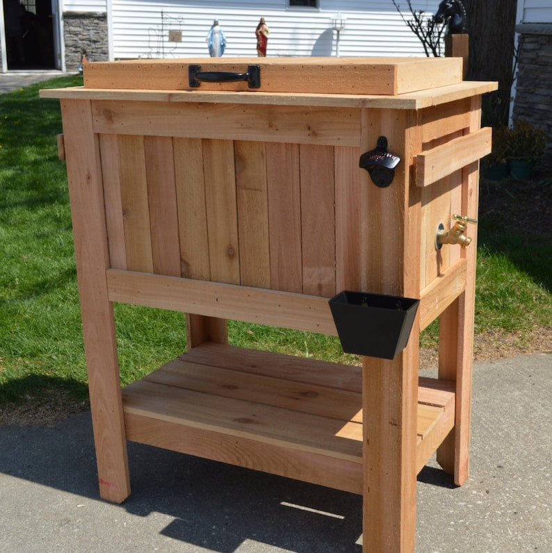 All Weather 48 Quart Antiqued Cedar Cooler Stand with Brass Drain, Bottle Opener and Cap Catcher, Beer Cooler.