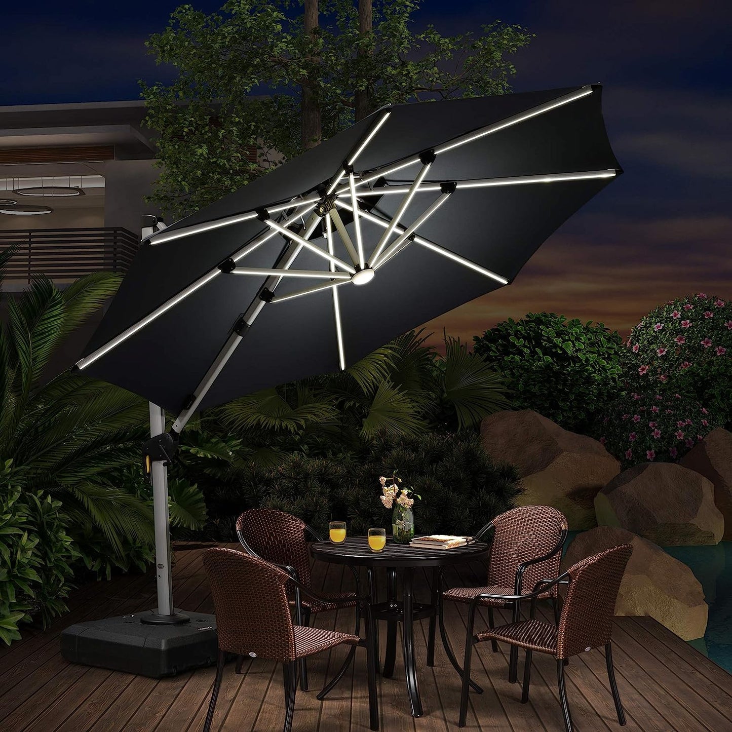 12ft Solar LED Patio Umbrella Outdoor Round Umbrella Large Cantilever Umbrella with LED Lights Windproof Bias Umbrella Heavy Duty Parasol for Garden Deck Pool Patio